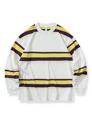 バイカラーストライプと小さめクルーネックが特徴のコットン長袖Tシャツ。