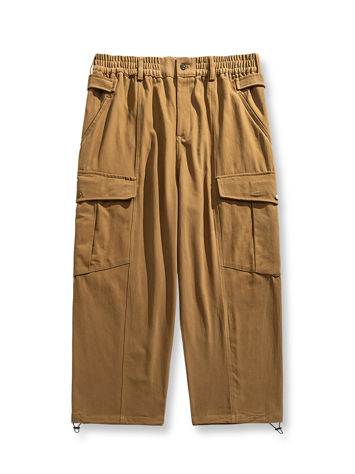 ビッグポケットワイドレッグパンツの全体正面画像、ゴムウエストバンドとドローコード裾のディテール。