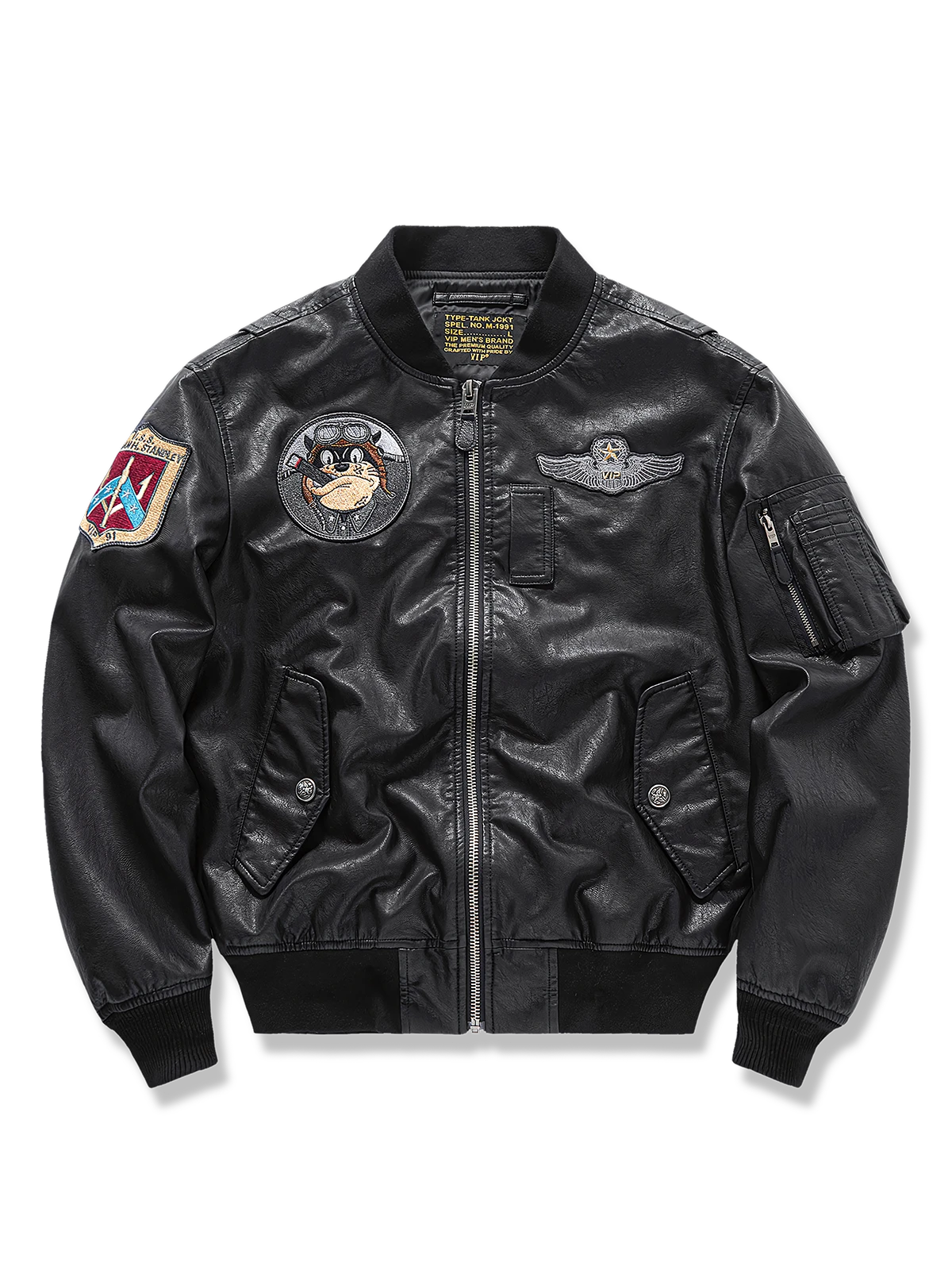 リブ襟とアームポケットが際立つバイカースタイルMA-1レザーフライトジャケット