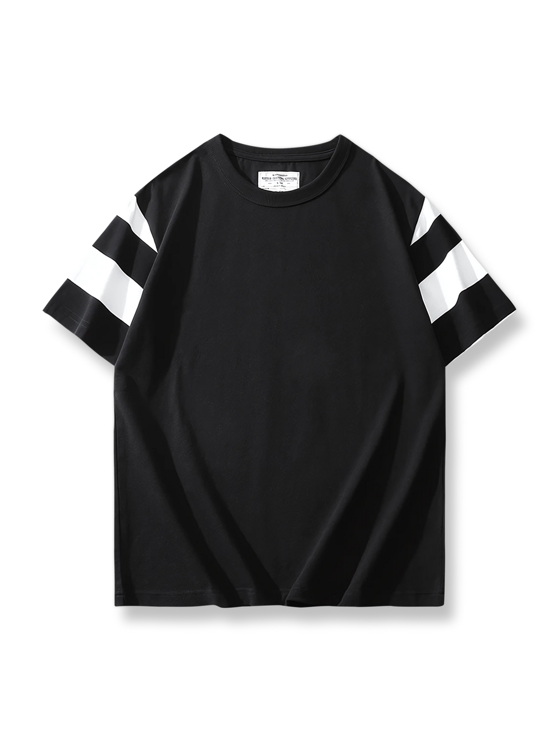 黒と白のバイカーストライプ柄が施された半袖Tシャツ