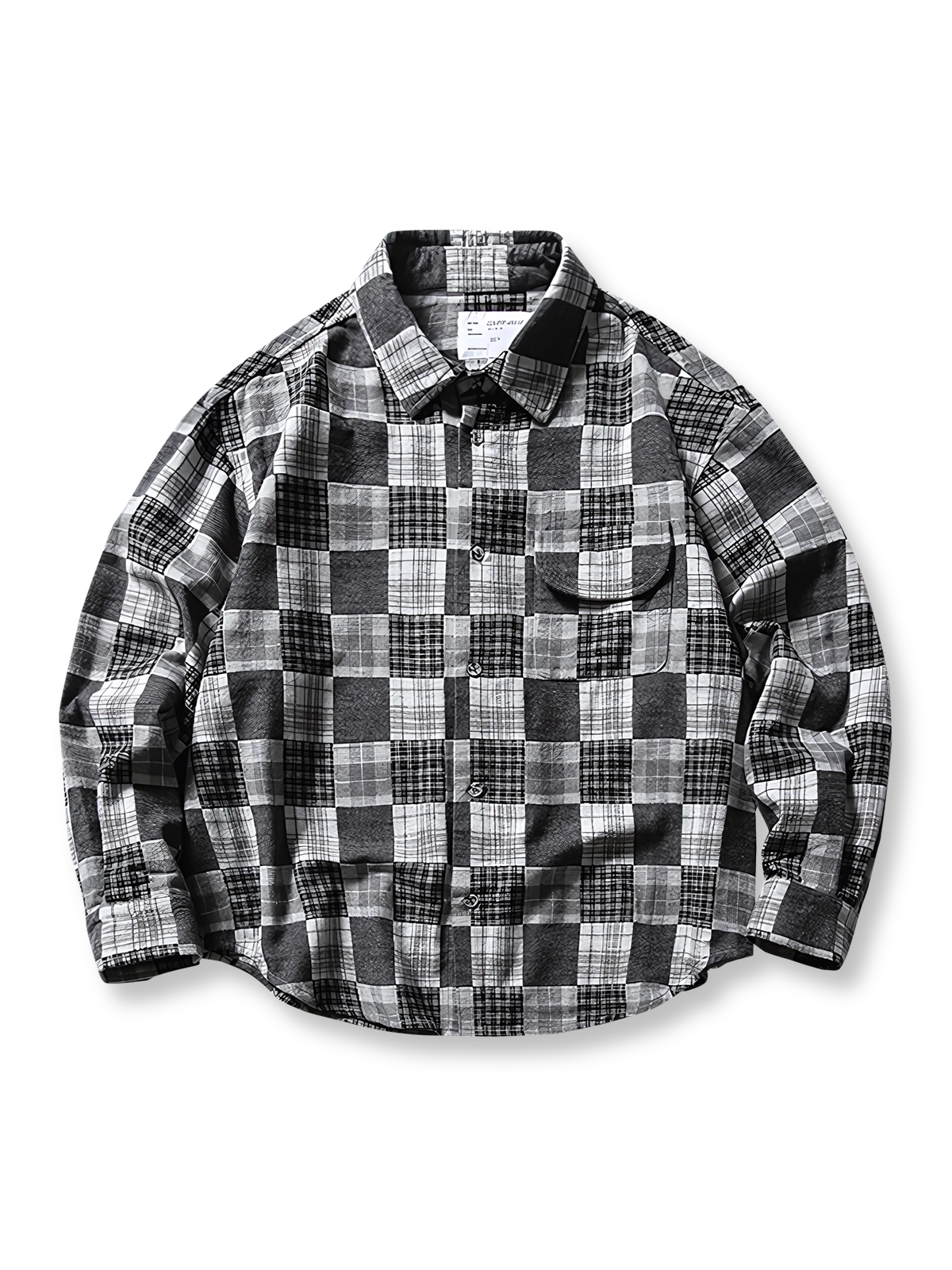 ブラック＆ホワイトのチェック柄が特徴の長袖コットンシャツ。