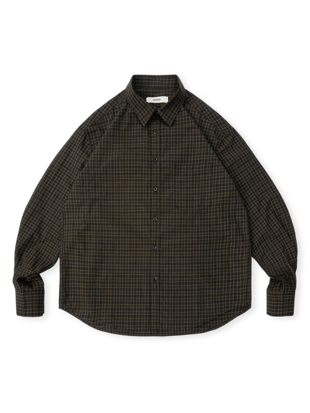 ダークトーンベースにカラースレッドのチェック柄。ルーズフィットと弧形裾が特徴のブラックチェックシャツ。