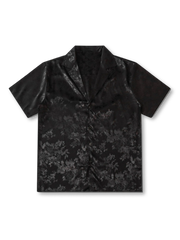 トーンオントーンの花柄プリントが上品なモノトーンオープンカラーシャツ