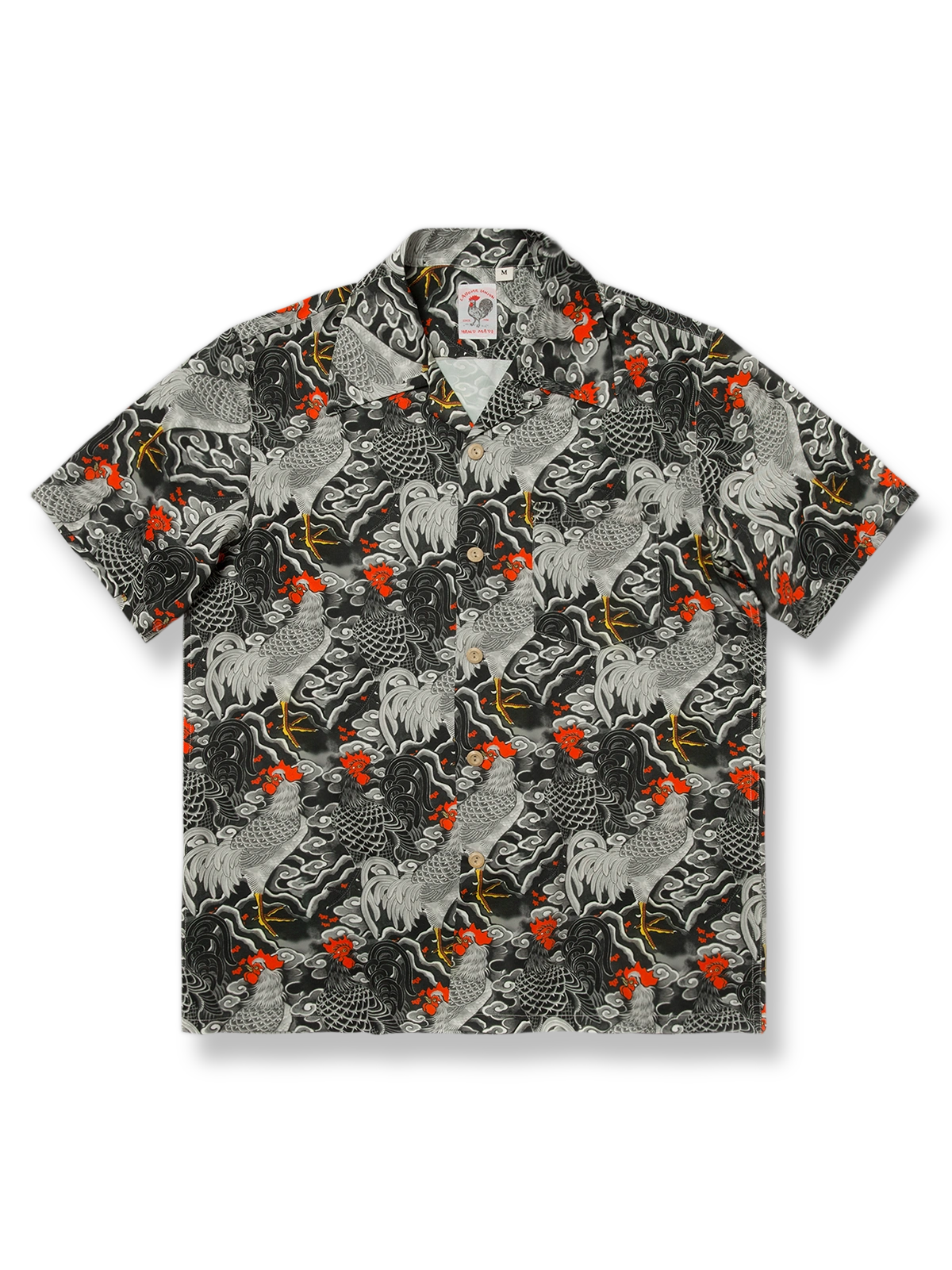 浮世絵風の鶏と虎柄を配したブラック＆ホワイトのアロハシャツ