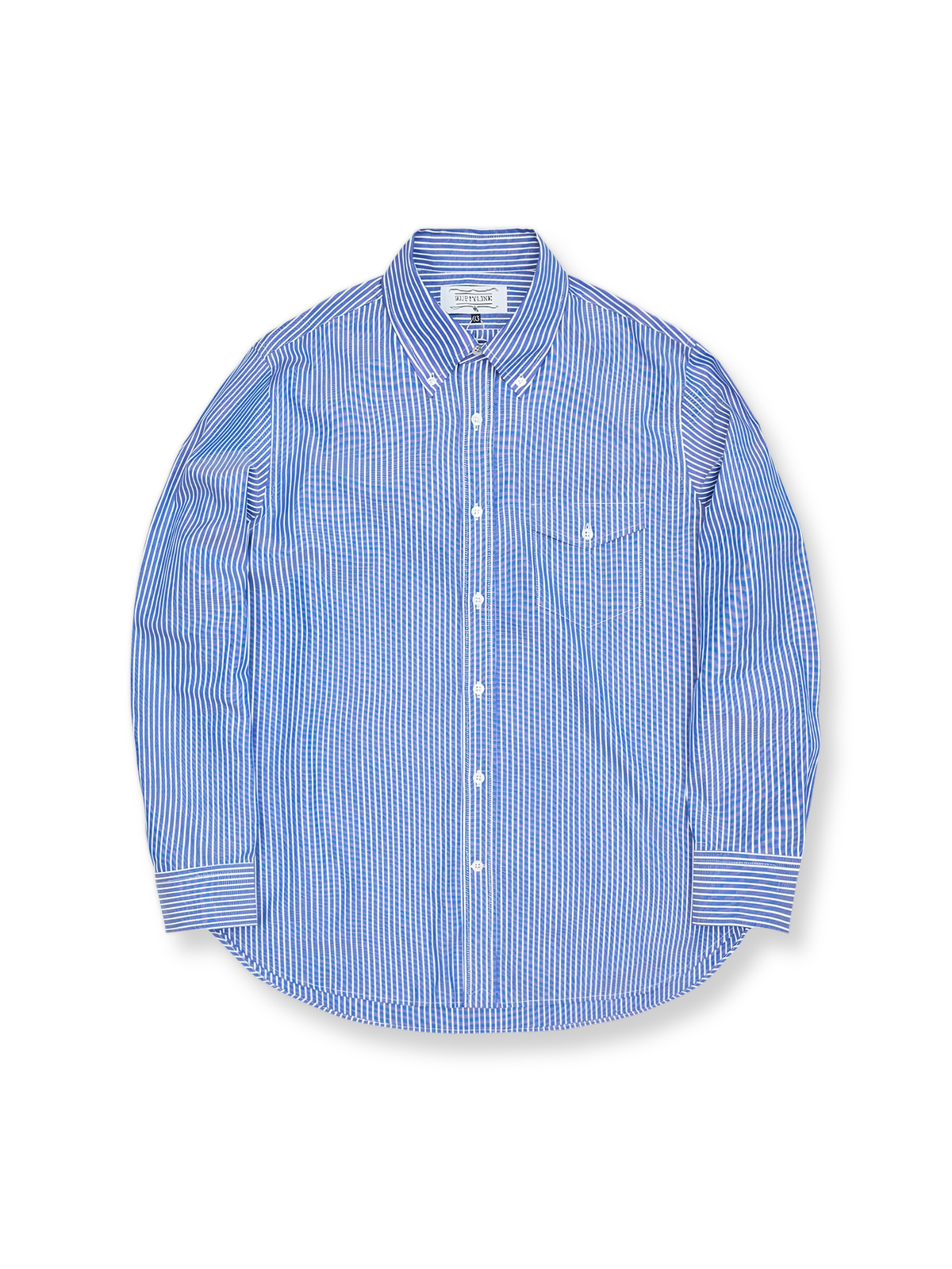 アイビースタイルを感じさせるブルーストライプのボタンダウン長袖シャツ