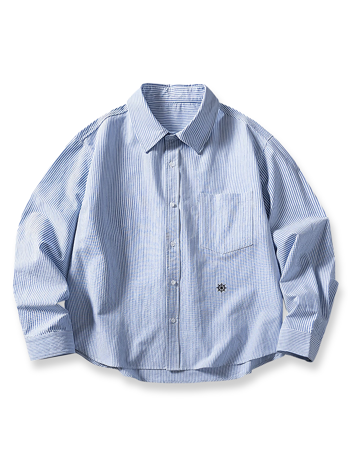 ブルーストライプ刺繍長袖シャツの全体正面画像、舵の刺繍とストライプ柄のディテール。