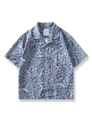 ヴィクトリア朝風のブループリントが施されたポリエステル半袖シャツ