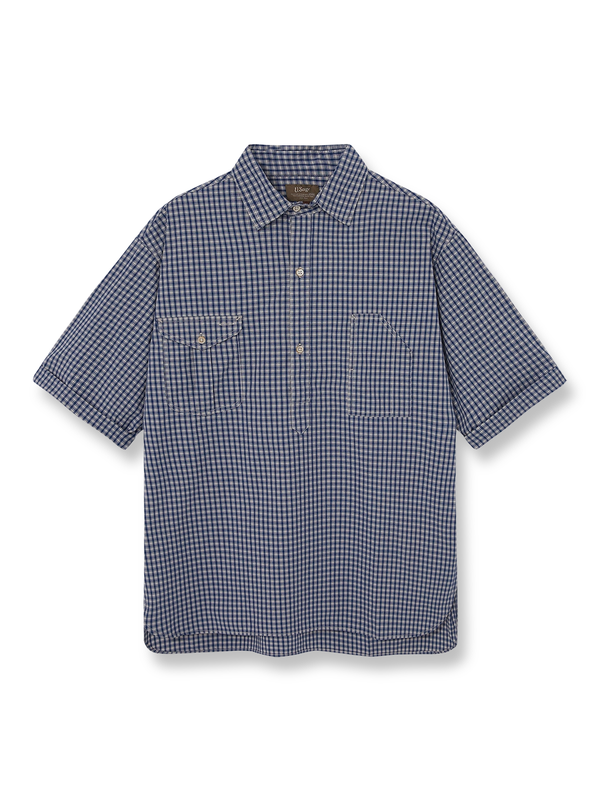 ブルー＆ホワイトの細チェックワークシャツ。