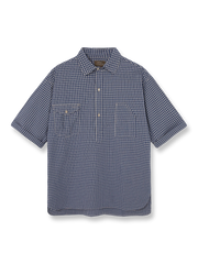 ブルー＆ホワイトの細チェックワークシャツ。