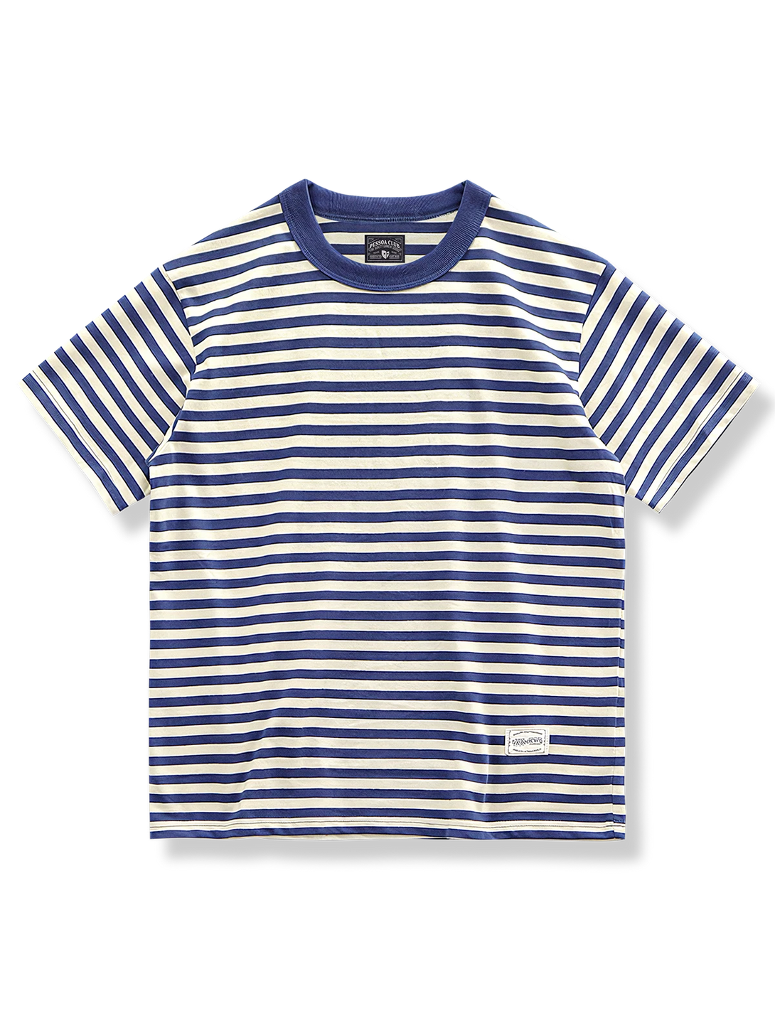 ヴィンテージブルー＆ホワイトのストライプが映えるコットンTシャツ。