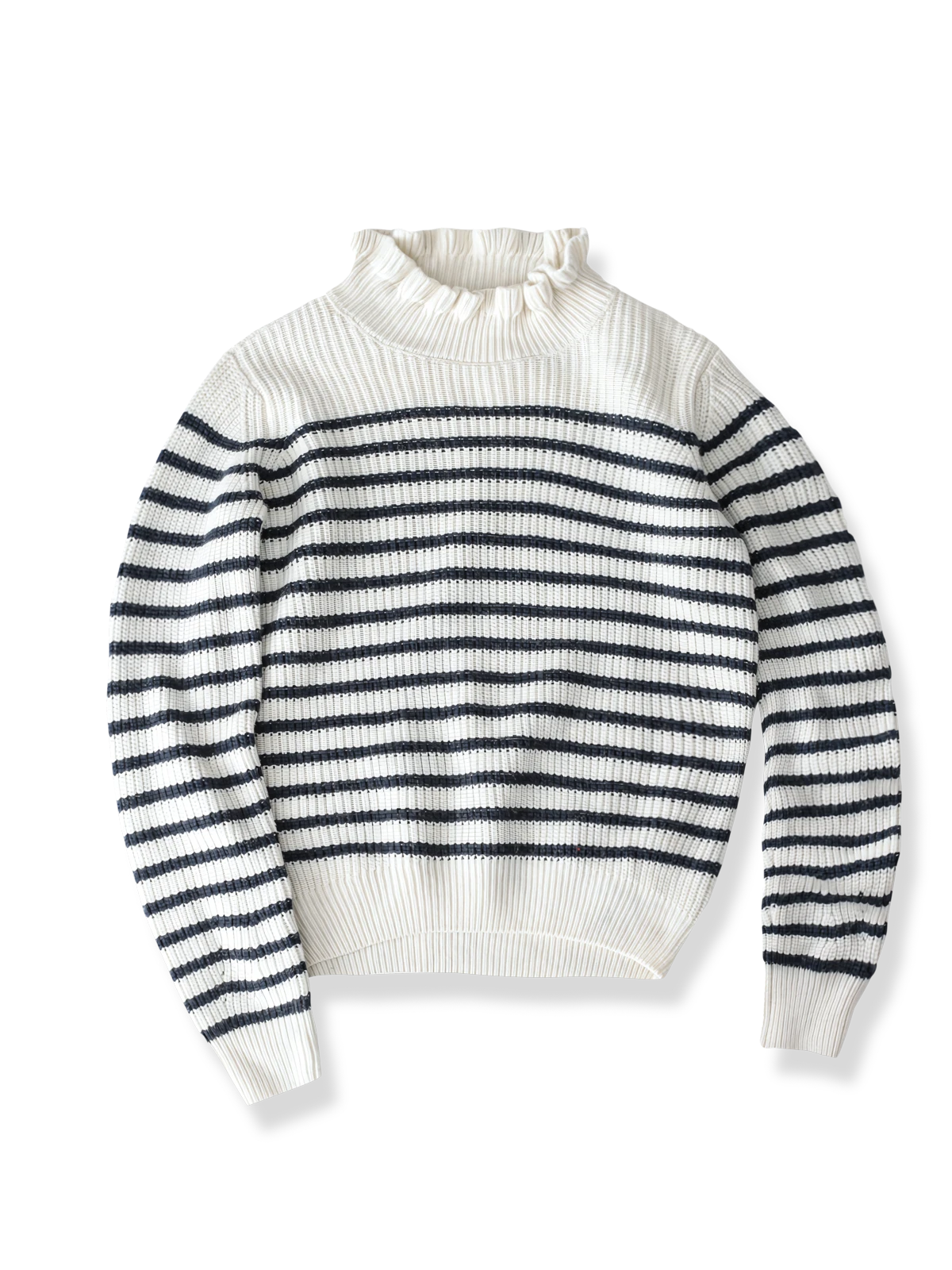 青と白のストライプ柄ウールタートルネックセーター