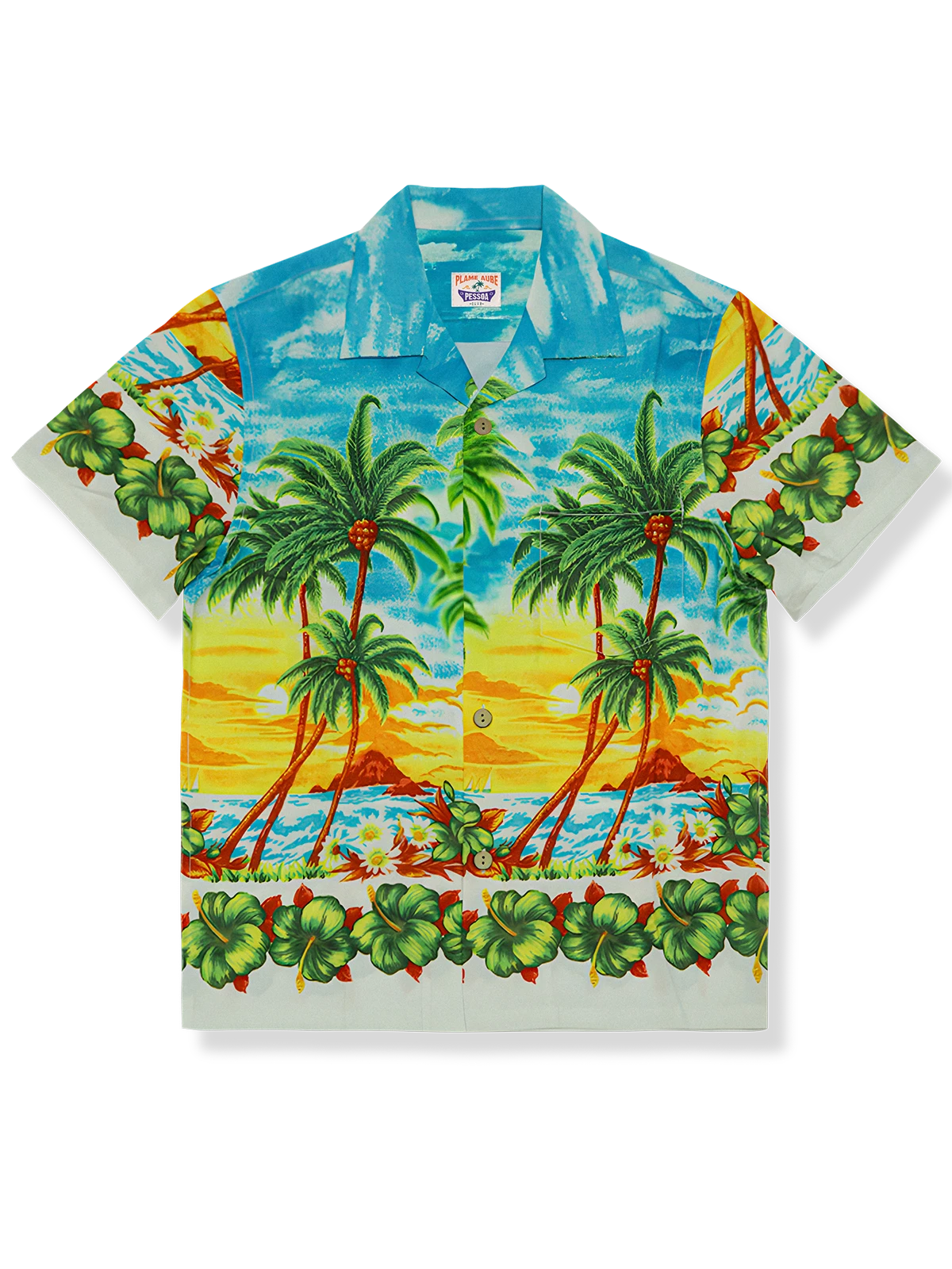 青と黄色コントラストアロハシャツ、ヤシの木柄、キューバカラー、猫目ボタン、コットンポリエステル混紡素材