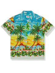 青と黄色コントラストアロハシャツ、ヤシの木柄、キューバカラー、猫目ボタン、コットンポリエステル混紡素材