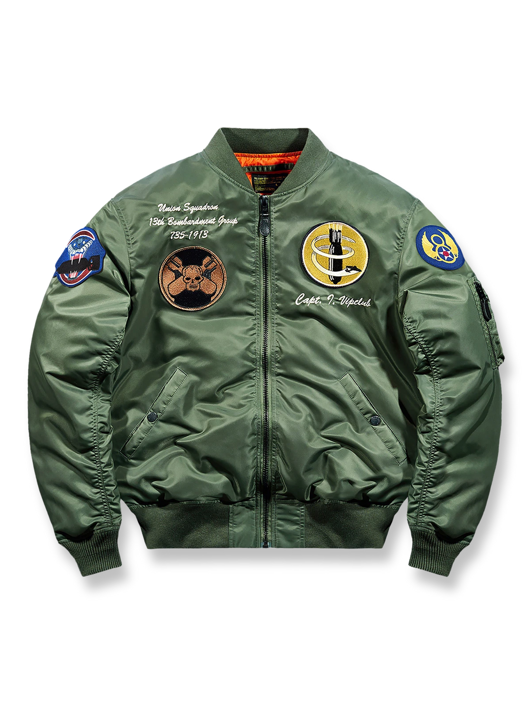 爆撃機部隊エンブレム刺繍と救命オレンジ裏地を備えたダックダウンパイロットジャケット。保温性・軽量性・実用ポケットを両立。
