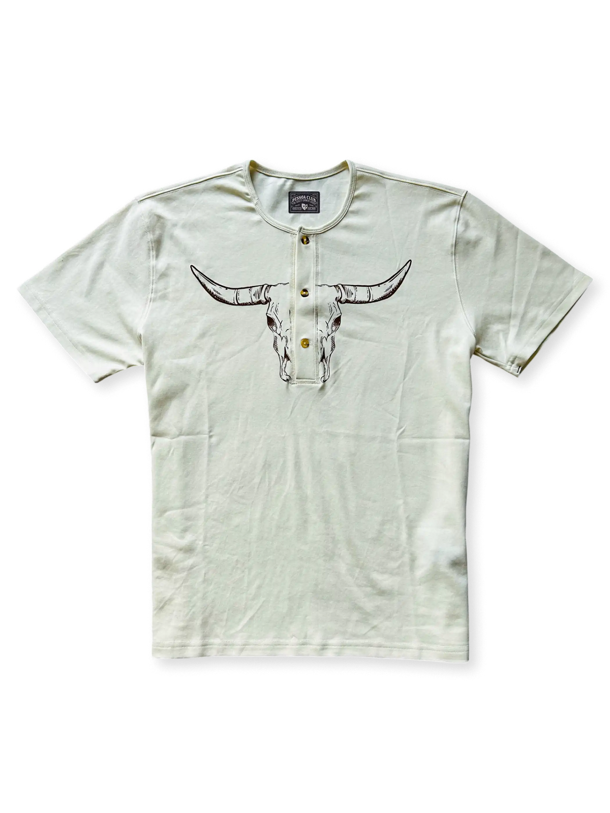 牛骨とサンダーバードトーテムがプリントされたヘンリーネックTシャツ正面画像