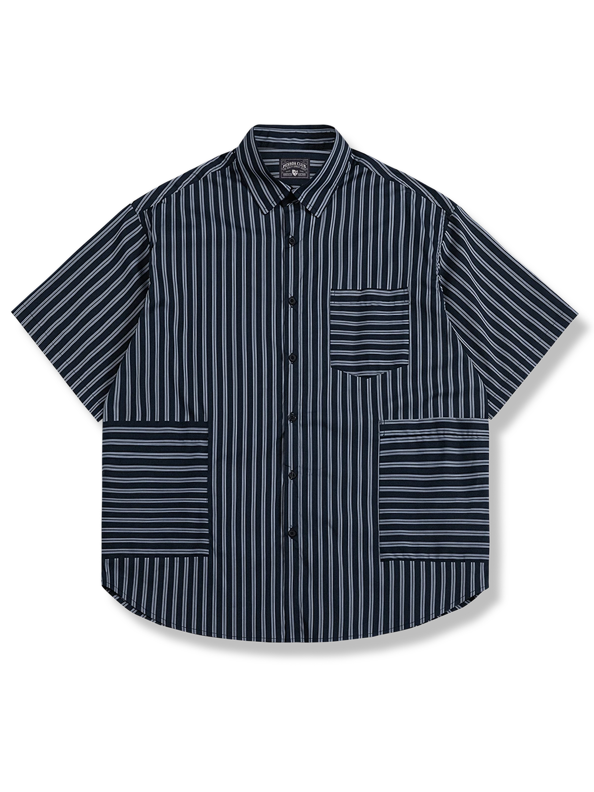 ボーダーポケット切り替えストライプ半袖シャツ、清潔感あるトラッドデザイン、形態安定素材