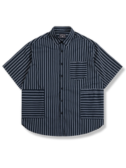 ボーダーポケット切り替えストライプ半袖シャツ、清潔感あるトラッドデザイン、形態安定素材