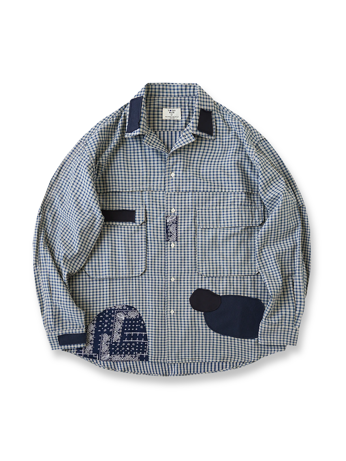 ボロパッチワークワークシャツの全体正面画像、チェック柄とペイズリーパッチワークのディテール。