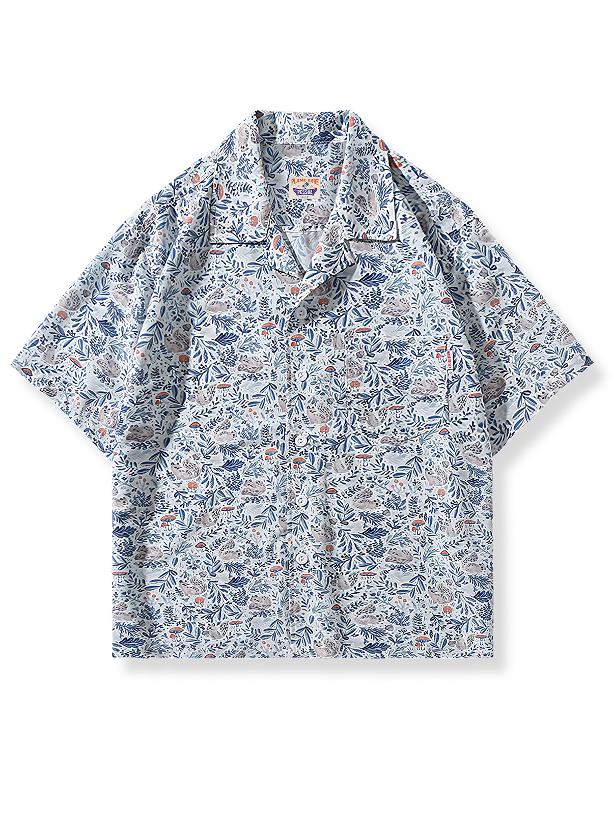 ボタニカル柄アロハシャツ、リスと植物モチーフ、オープンカラー、涼しいポリエステル素材