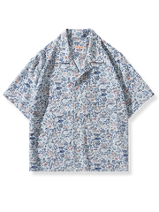 ボタニカル柄アロハシャツ、リスと植物モチーフ、オープンカラー、涼しいポリエステル素材