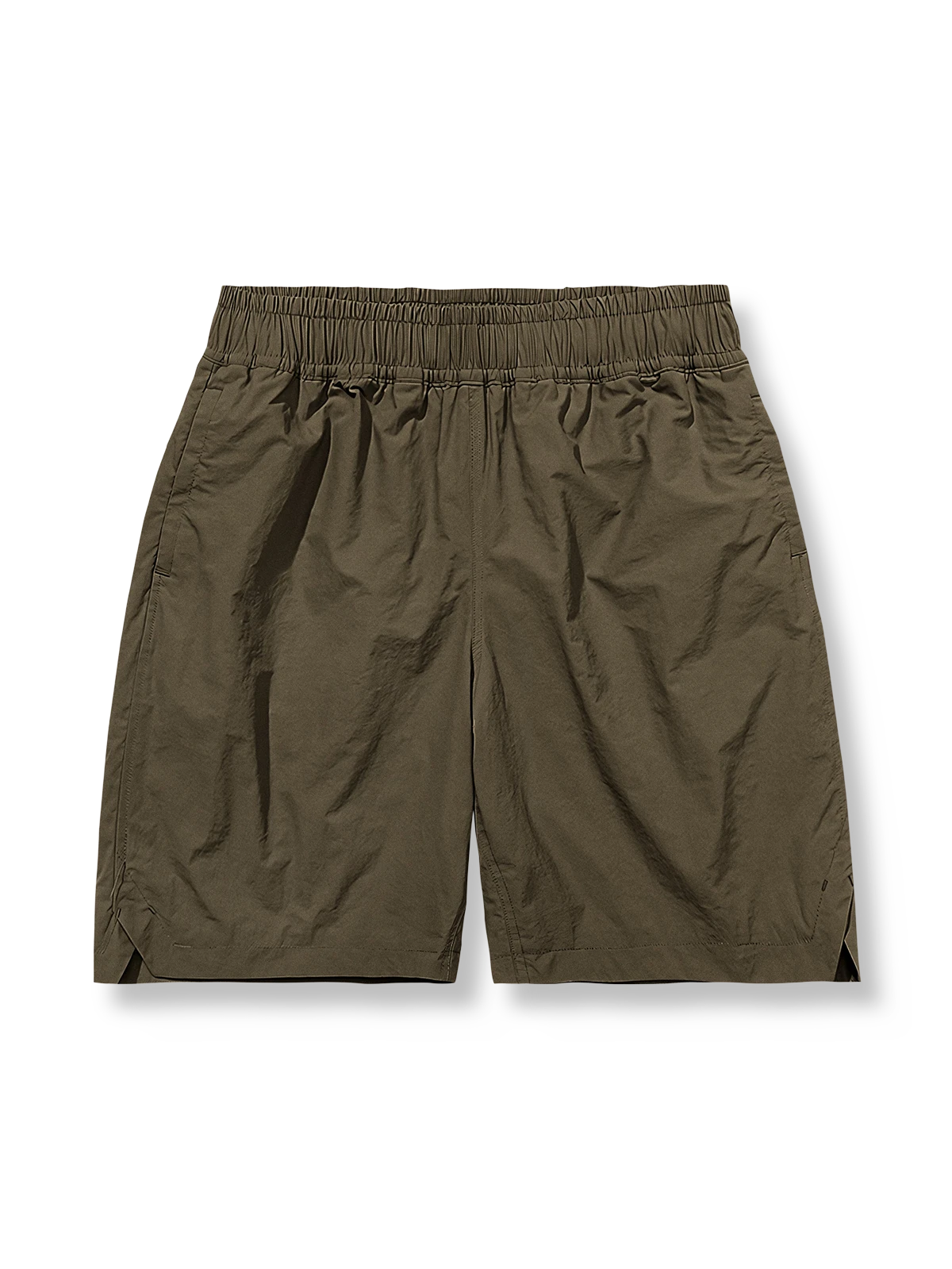 ブラウンカラーのポリエステルショートパンツ、調節可能なウエストゴム、4ポケット付き、速乾性素材