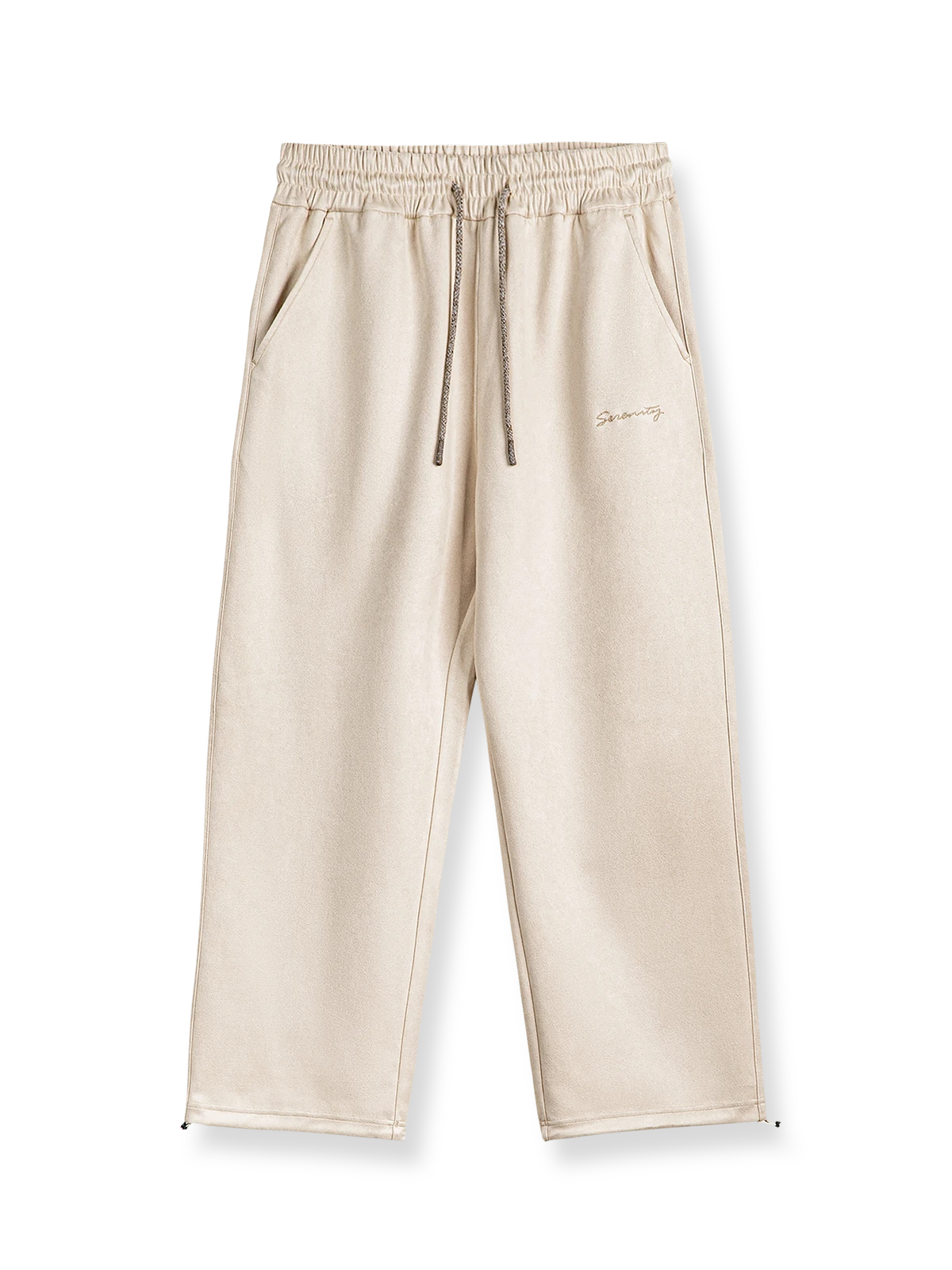 ブラッシュドスエードスウェットパンツの全体正面画像、カフ付きドローストリングとリラックスシルエットのディテール。