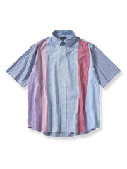 アイビーリーグ風ボタンダウンカラーとパッチワークチェックが特徴の綿製半袖シャツ