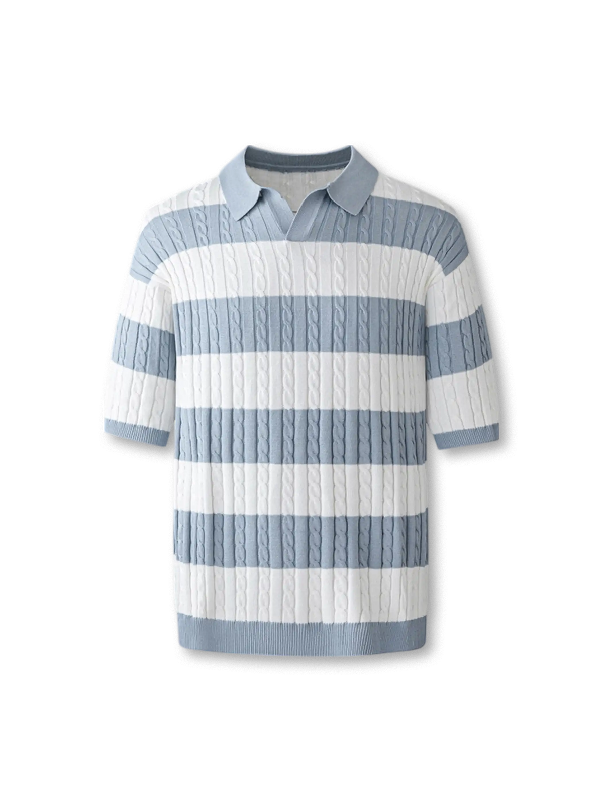 ケーブル柄とボーダーが映えるジャカード編みプルオーバーニットシャツ