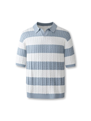 ケーブル柄とボーダーが映えるジャカード編みプルオーバーニットシャツ