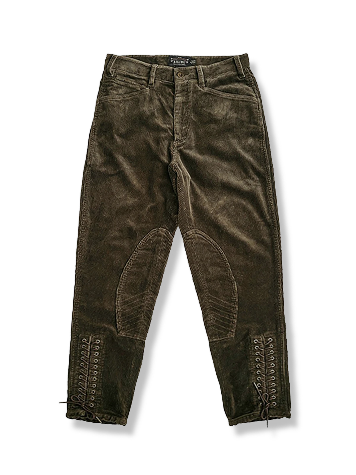 コーデュロイ素材のカフェ色ジョッパーズパンツ、サイドストラップと膝補強付き。