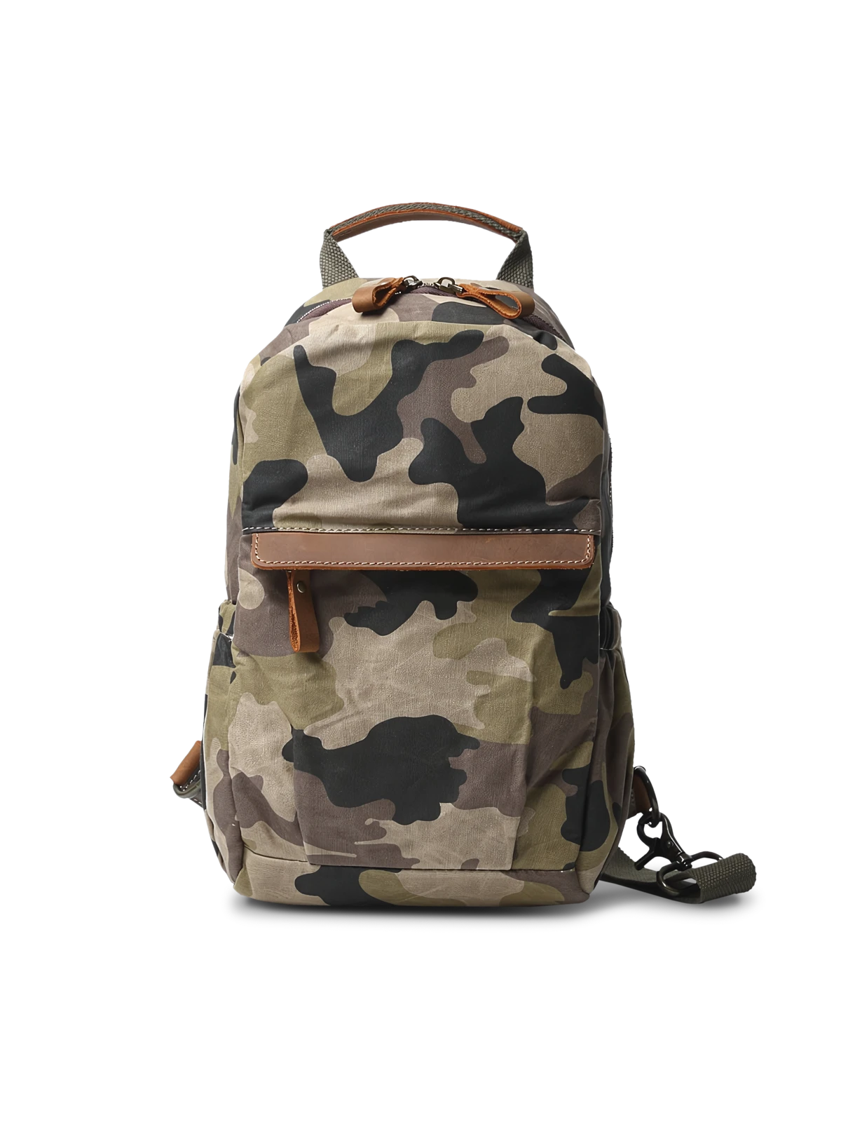 ミリタリー迷彩柄のキャンバスとレザートリムを組み合わせた2wayショルダーバッグ。