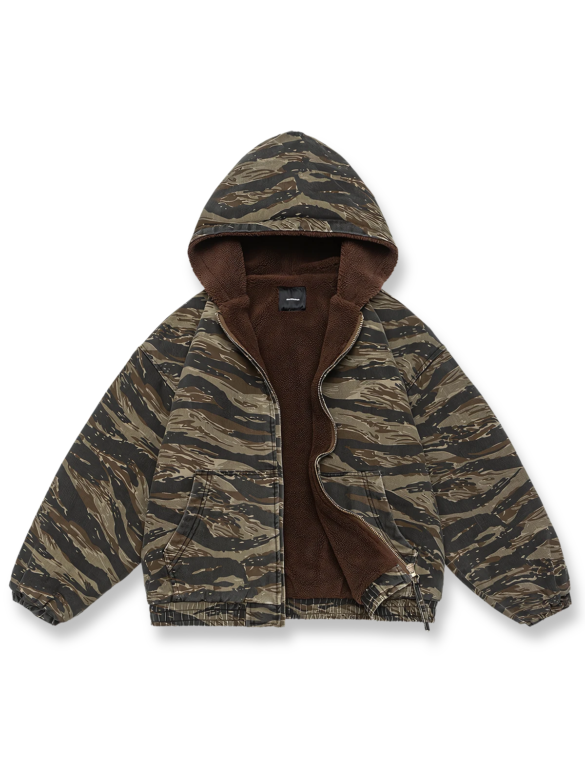 カモフラ柄と高保温裏地が特徴のフード付き中綿ジャケット