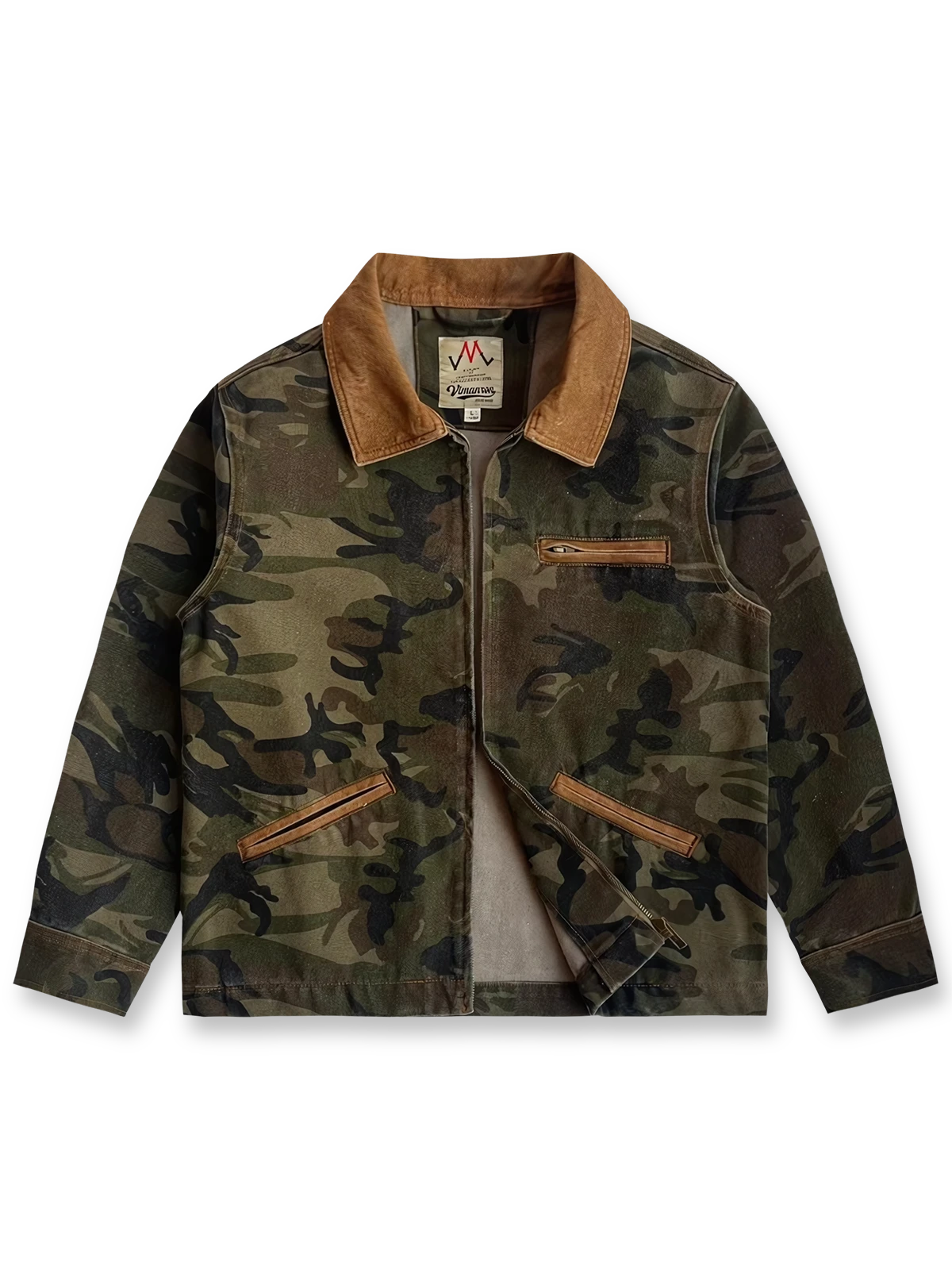 カモフラージュ柄パッチワークデトロイトジャケットの全体正面画像、パッチワークとポケットディテール。