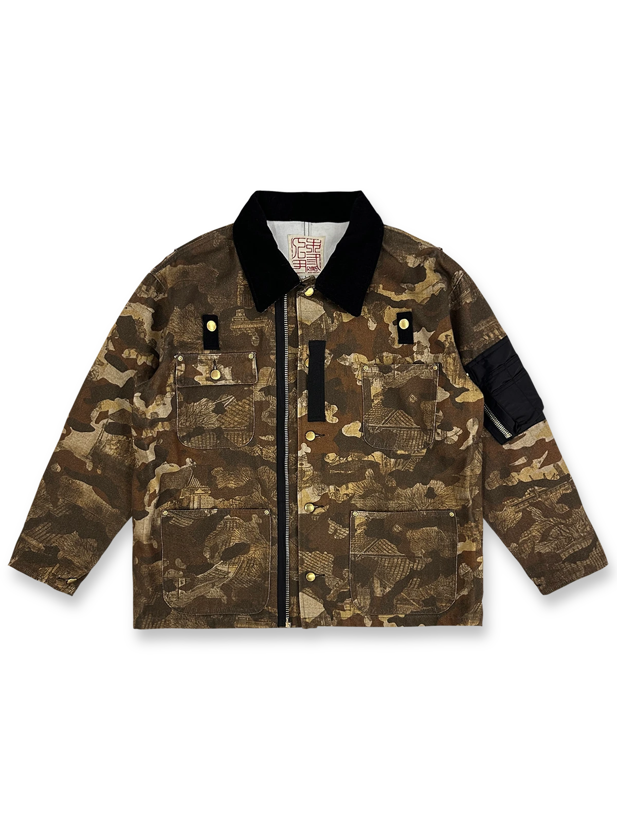 清明上河図プリントが施されたカモフラージュワークジャケット