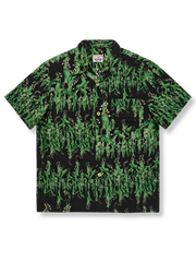 カンパニュラ花柄アロハシャツ、グリーンピンク、ルーズフィット、猫目ボタン、コットン素材