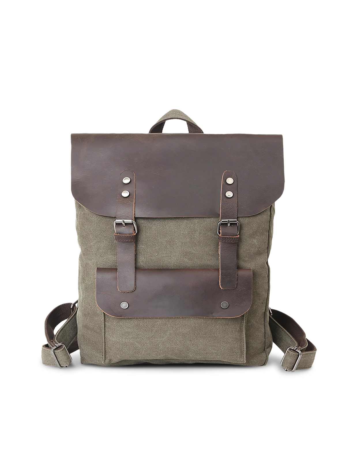 キャンバス素材とフルグレインレザーのアクセントが特徴のバックパック。