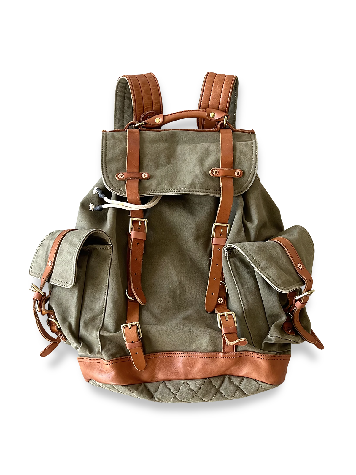 リップストップキャンバスとトップグレインレザーを組み合わせたパラシュートバッグ。