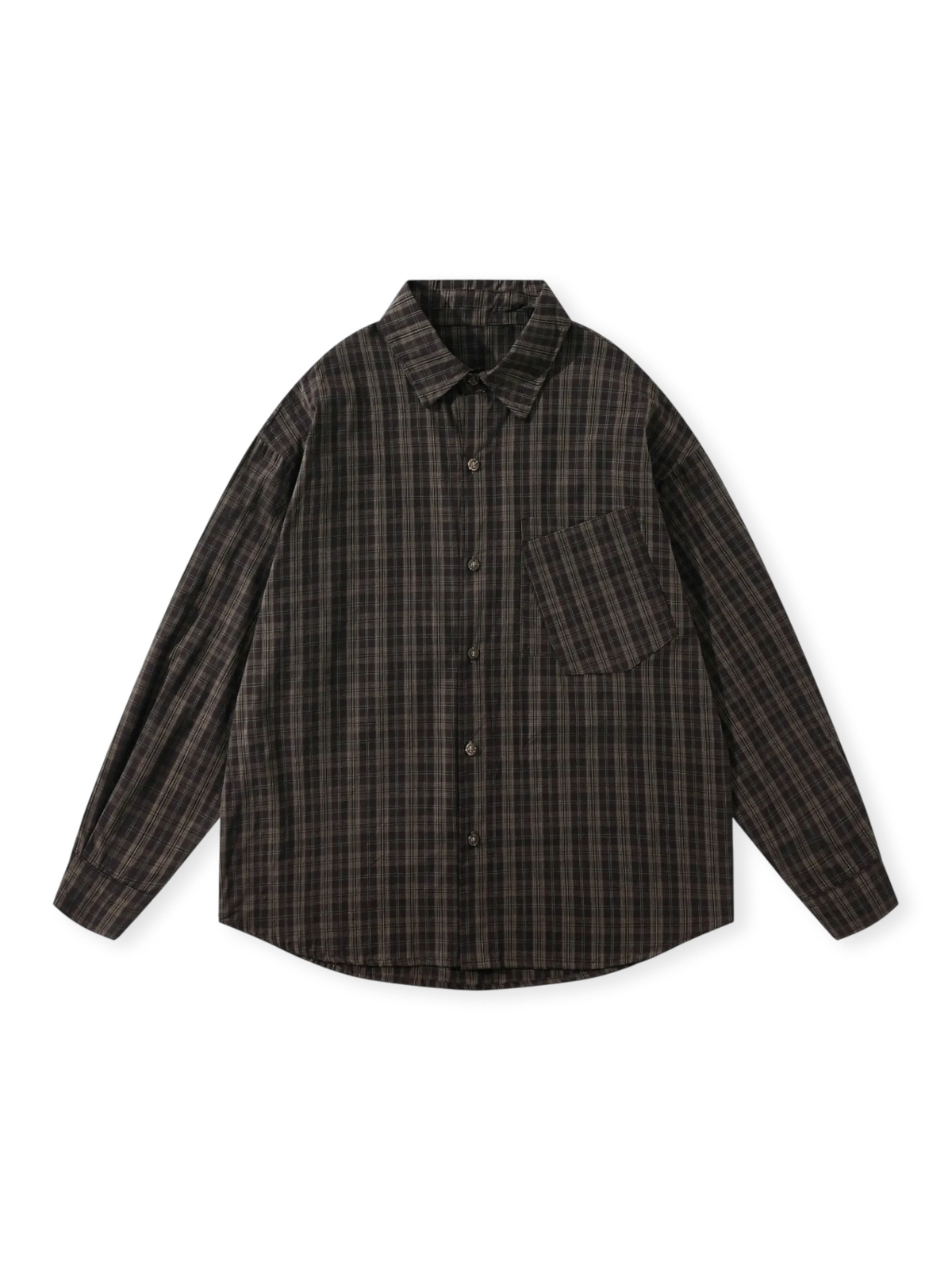 伝統的なチェック柄とアーチ裾を持つカジュアルシャツ。柔らかいコットン素材と胸ポケットが特徴。