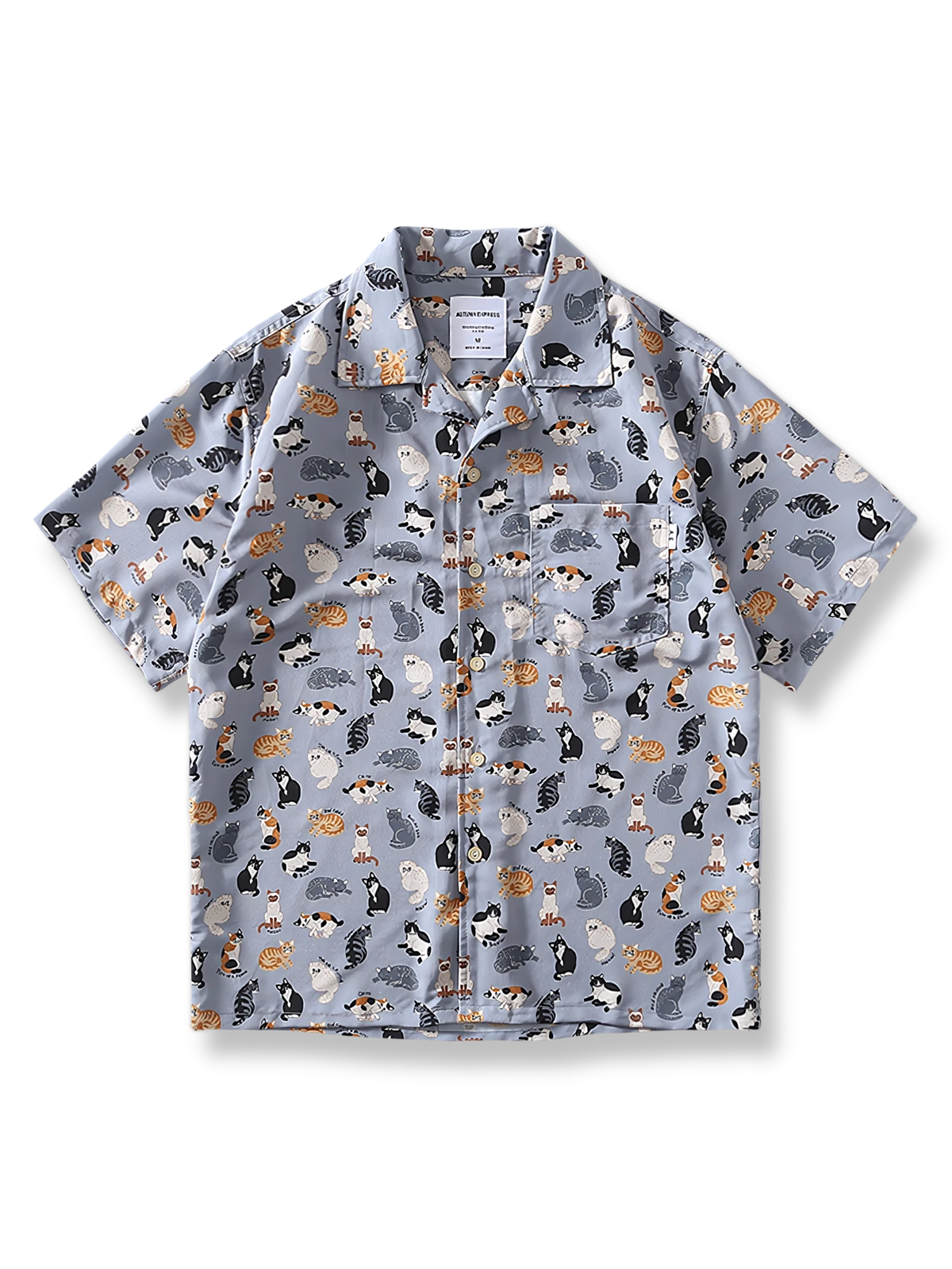 猫柄をプリントしたコットン素材のキューバーカラー半袖シャツ
