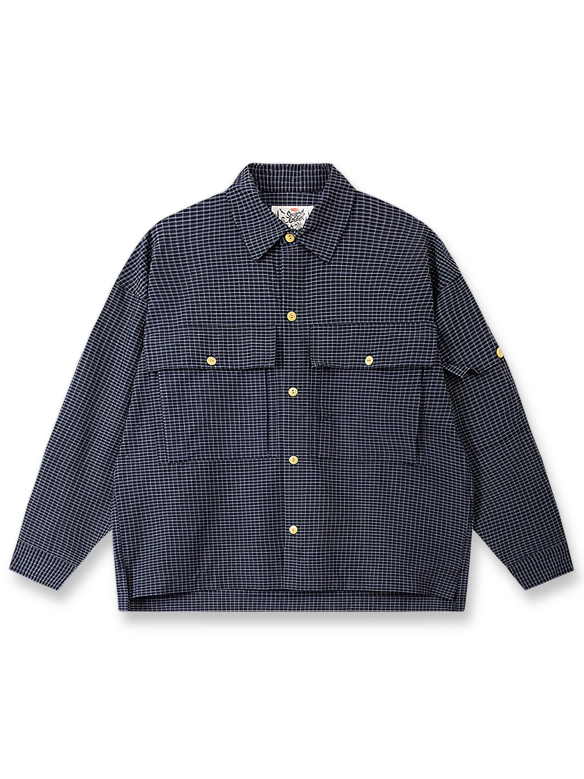 ブルーグレー格子柄と多機能ポケットが映えるハンティングシャツ