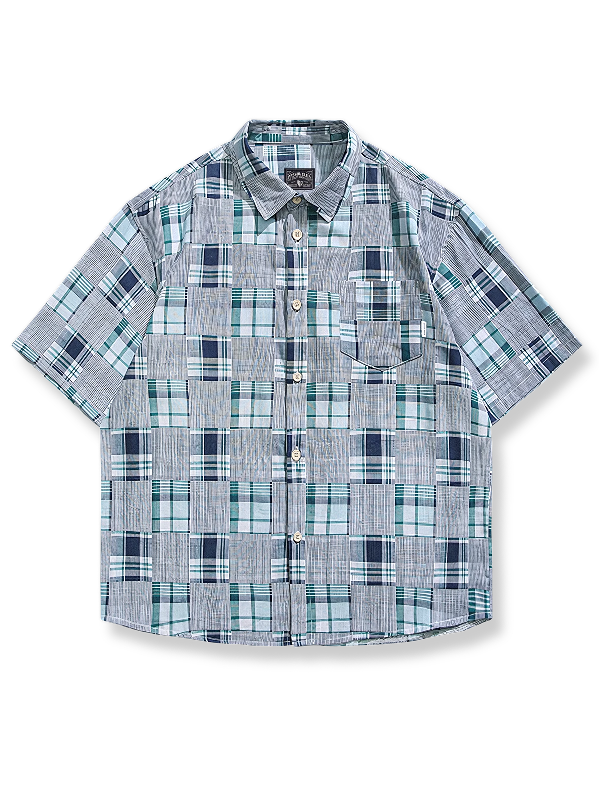 チェックとストライプの編み込み風デザインが特徴のルーズフィット綿素材半袖ワークシャツ