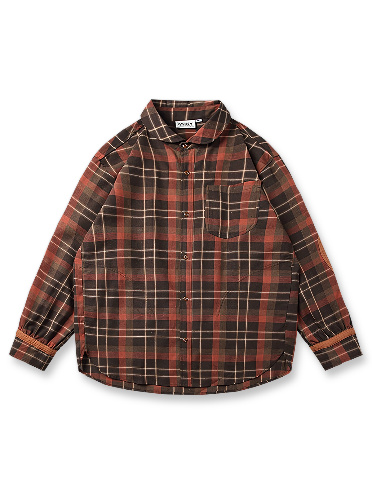 肘パッチとアジャスター付き袖が特徴のチェック柄シャツ