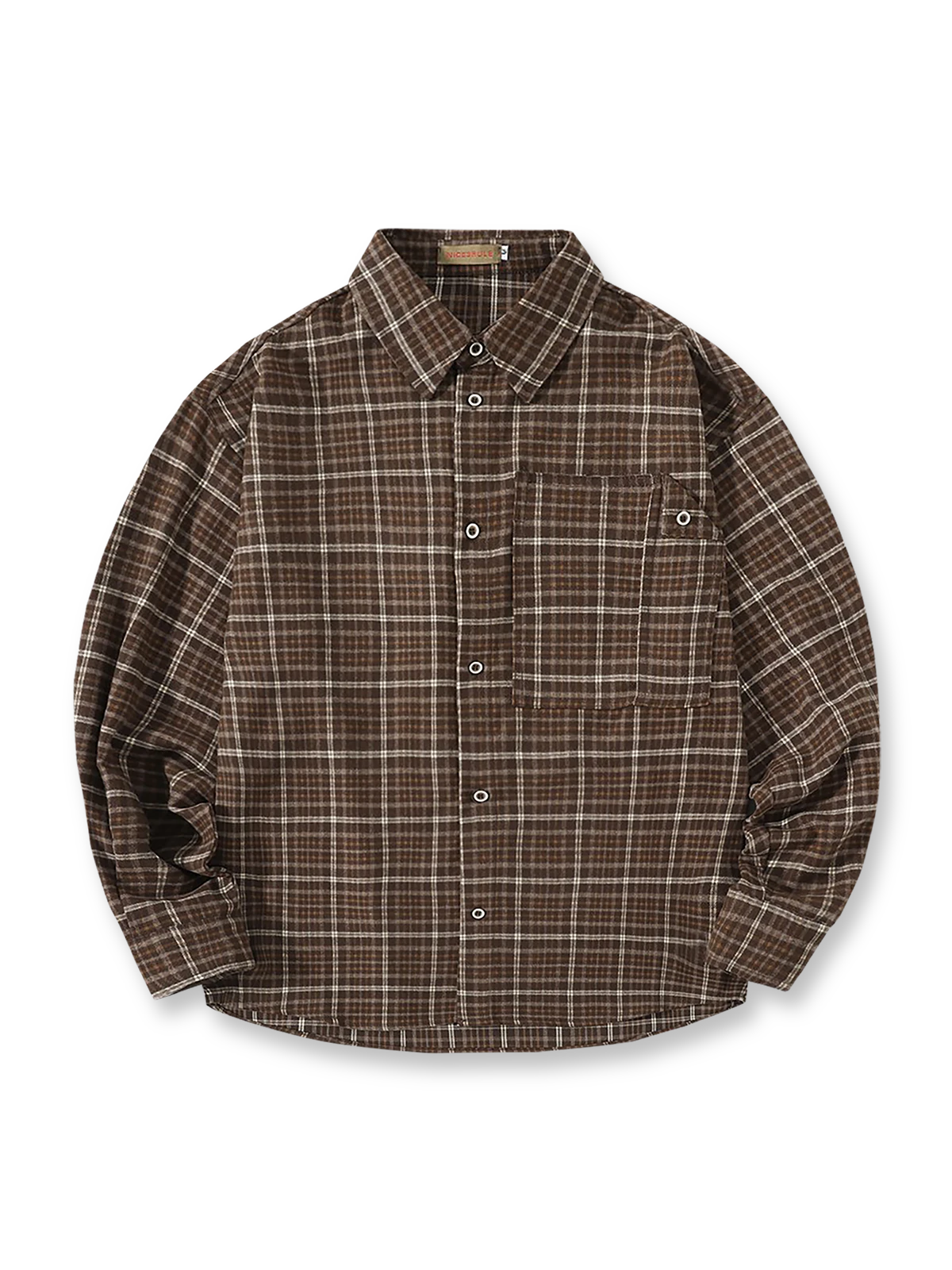 クラシックなチェック柄と立体的なパッチポケットを備えたアースカラーの長袖シャツ。柔らかな中厚生地とウォッシュ加工で快適かつヴィンテージ感のあるデザイン。