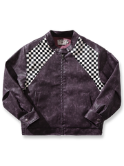 チェッカーフラッグ柄パッチとアンティークジッパーが特徴のヴィンテージPUレザージャケット。