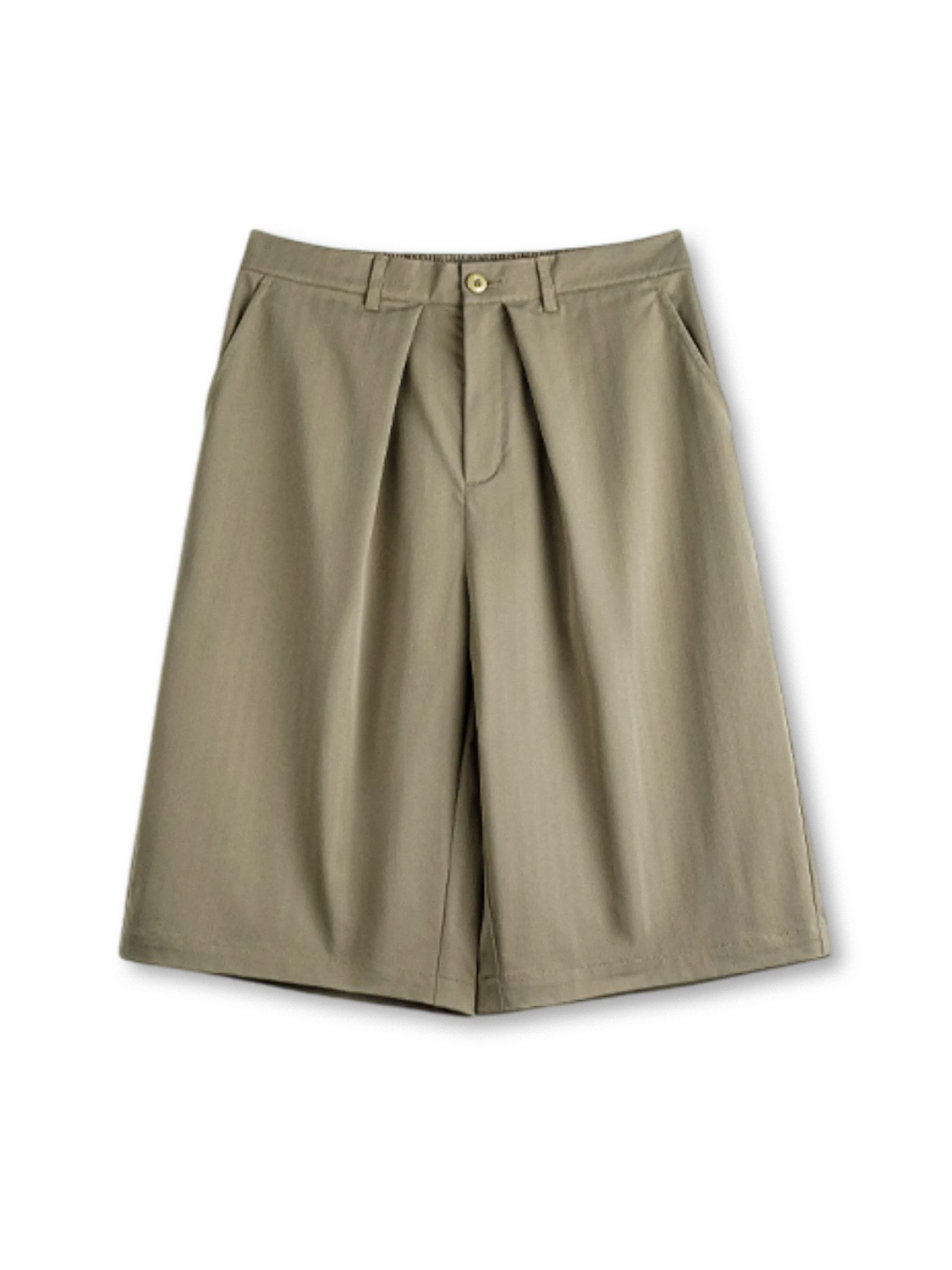 Aラインシルエットと人字織りコットン素材が特徴のワイドショーツ