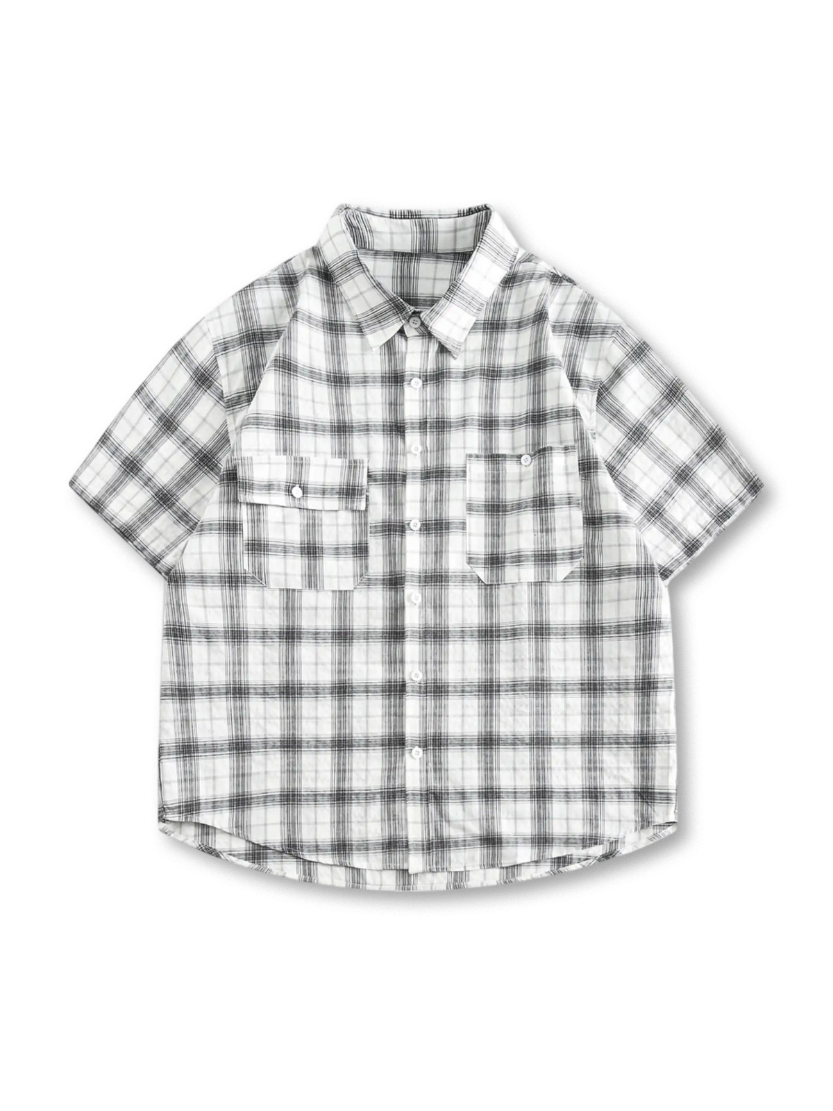 胸ポケット＆フラップが特徴のナイロン製ワイドシルエットプラッドワークシャツ