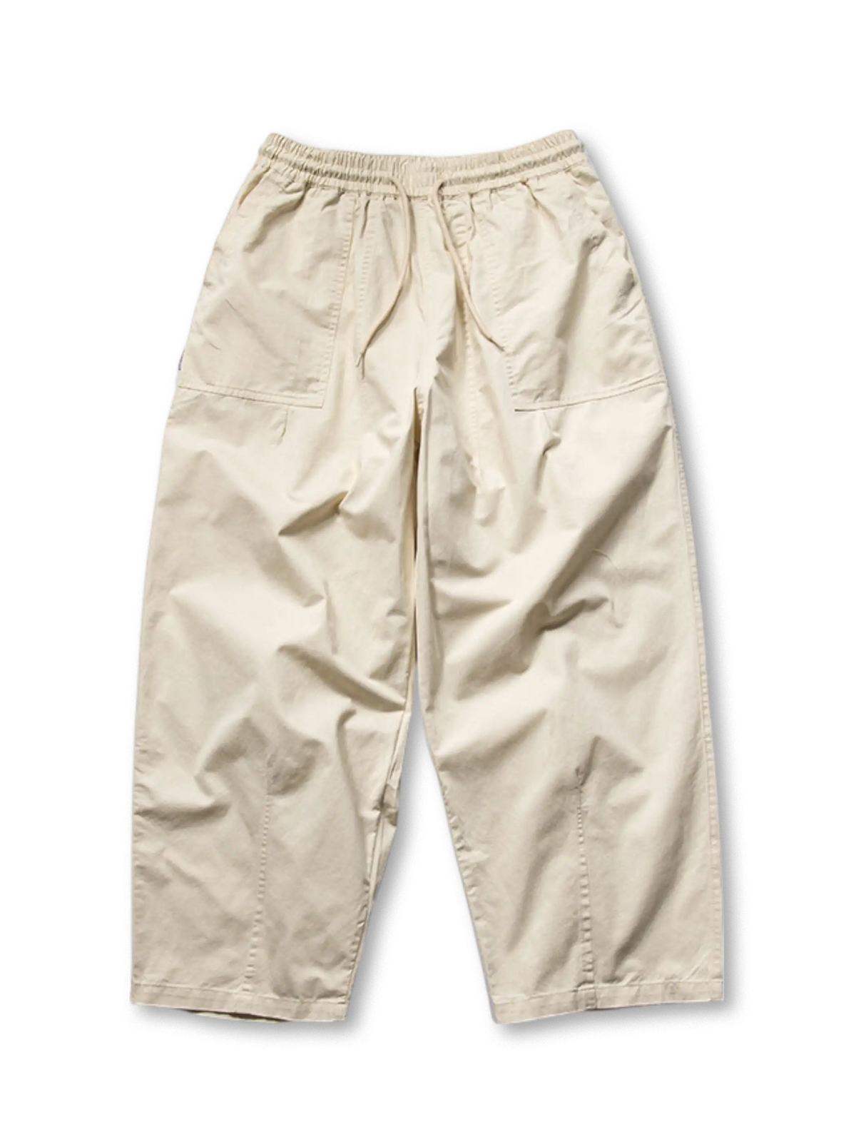 80年代風ウォッシュド起毛素材のゆったりストレートワークパンツ、大容量パッチポケット付き