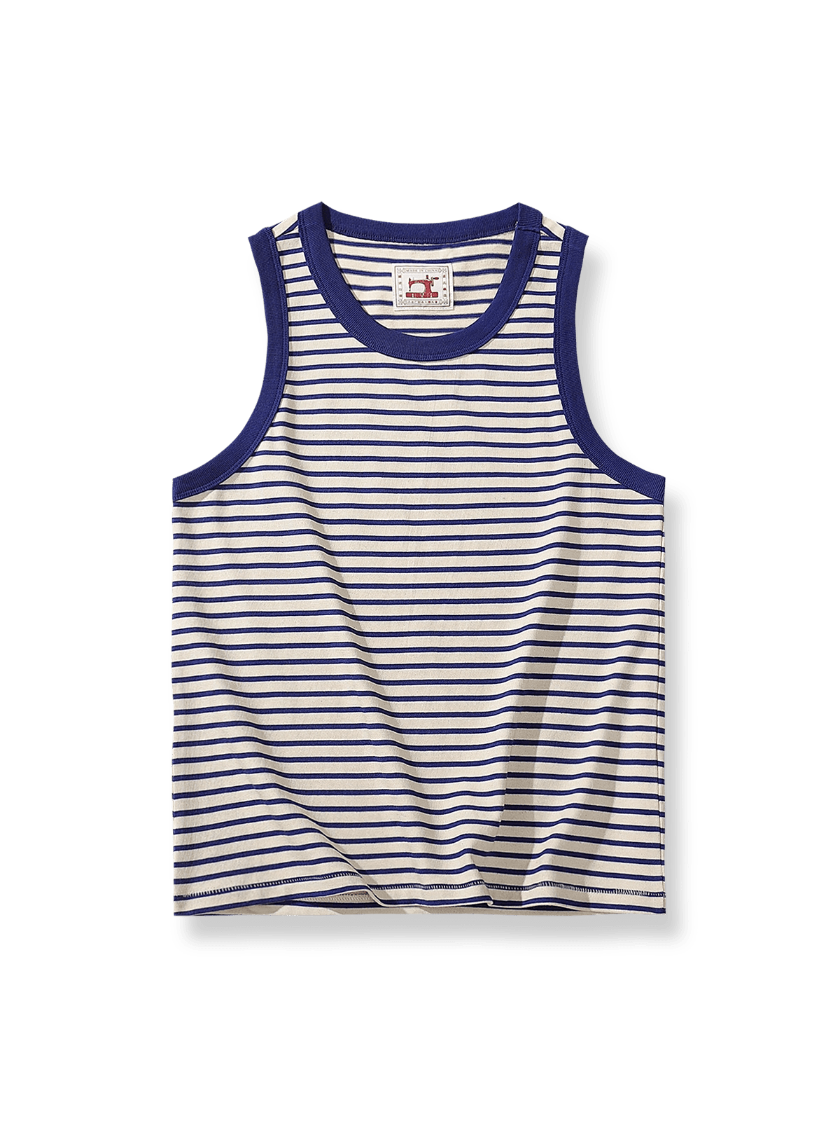 ブルー＆ホワイトのセーラーストライプが施されたノースリーブTシャツ
