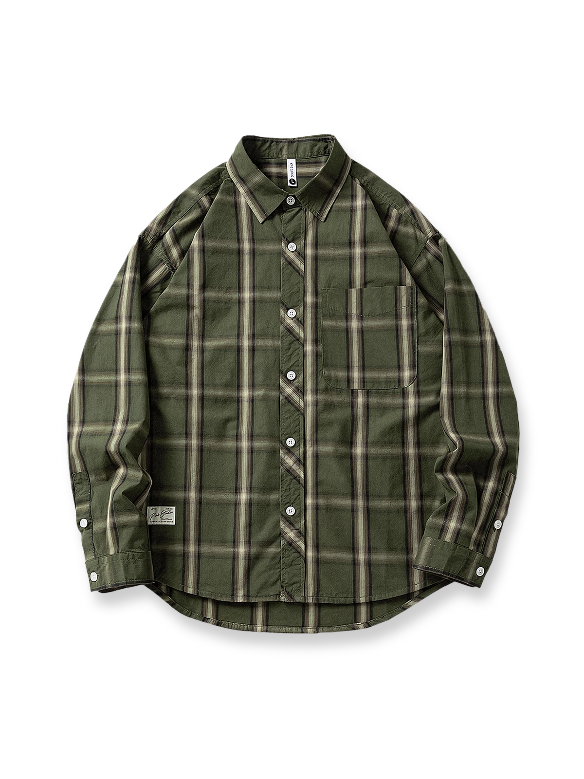 クラシックなチェック柄と複数ポケットが特徴のコットンワークシャツの全体像。