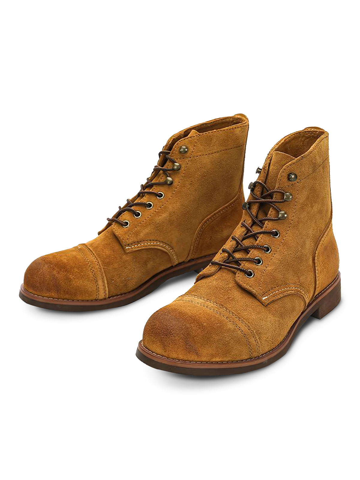 トップレイヤー牛革のクラシックデザートブーツ、耐摩耗ゴムソールと金属アイレット付き。